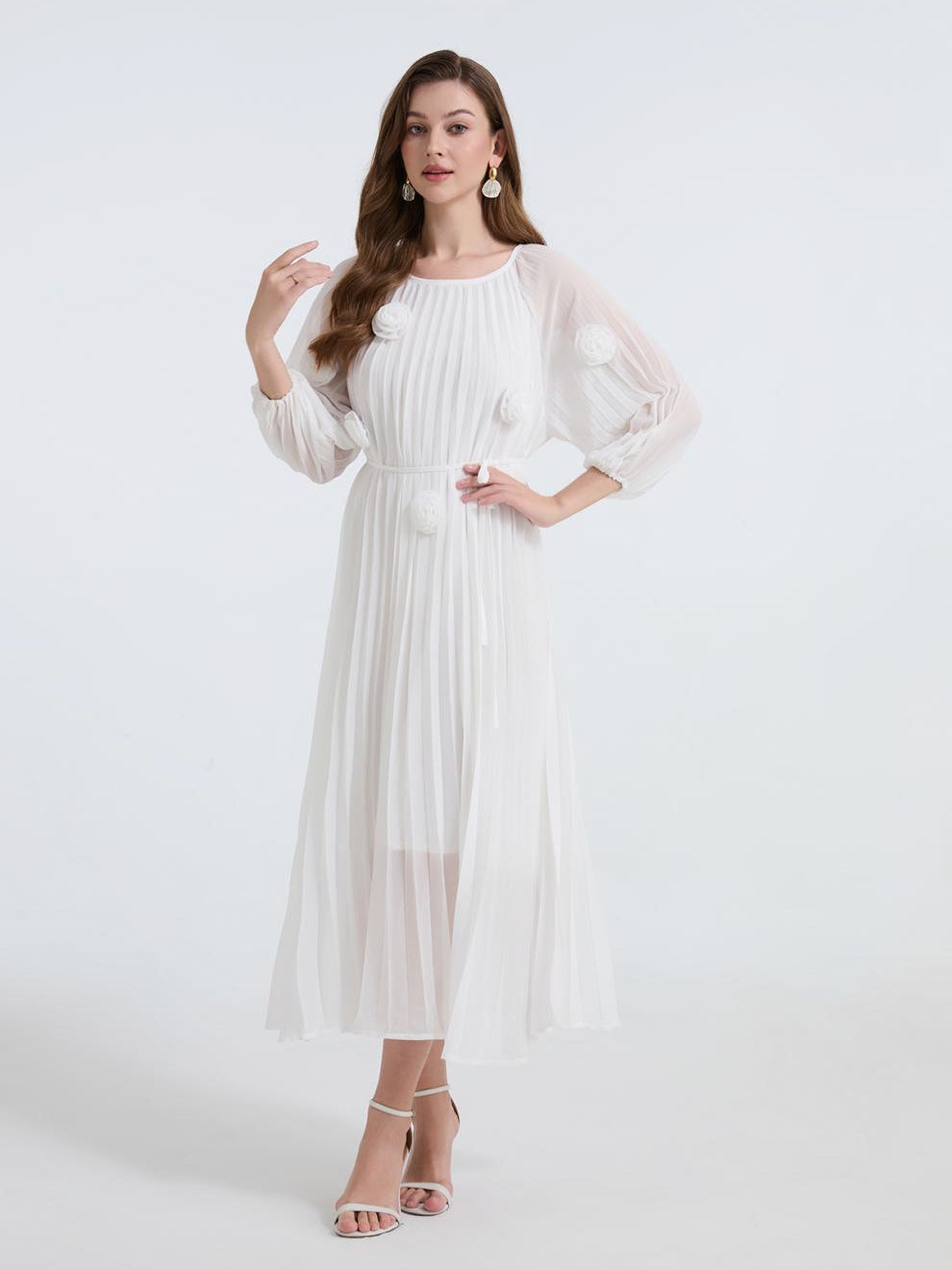 Snow Petal Pleated Chiffon Dress - 906472342218_WHITE