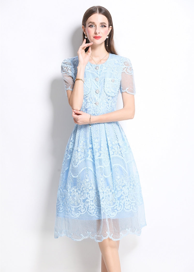 Elegant Lace Vintage Two Piece Midi Dress – Sky Blue
