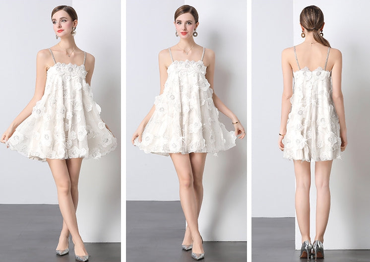 Ivory Whisper Floral Appliqué Mini Dress - 903574425019