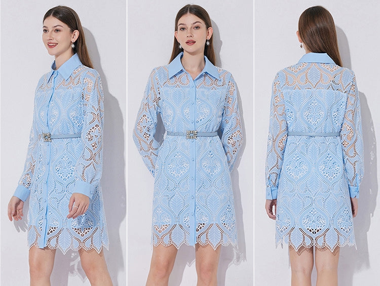 Celestial Eyelet Belted Shirt Dress - 901028103574_BLUE