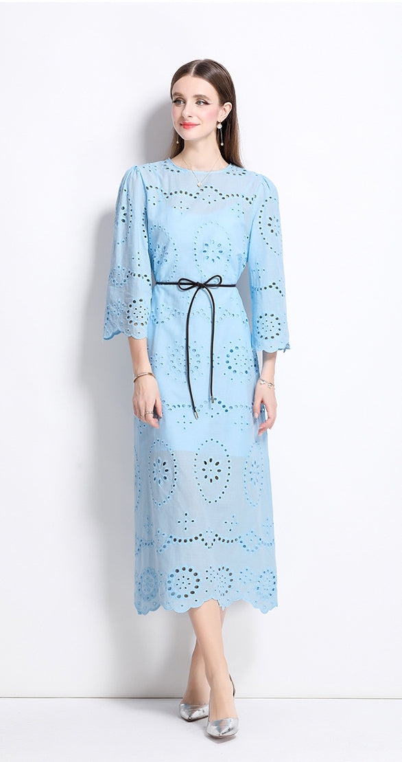 Sky Blossom Eyelet Midi Dress - 902368523846_BLUE