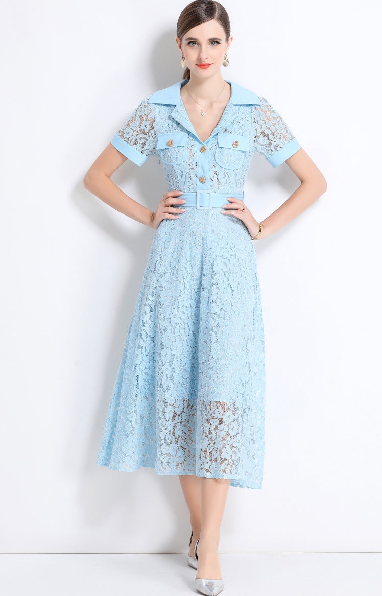 Sky Blue Lace Utility Midi Dress