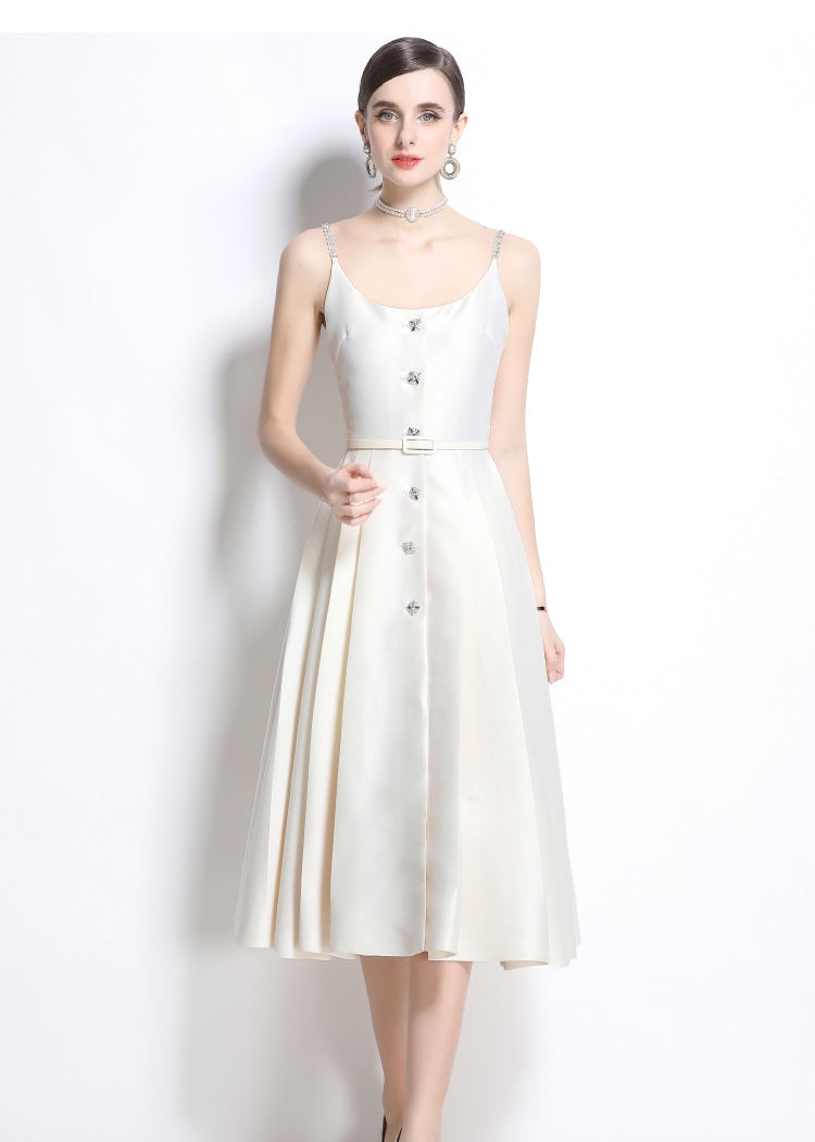 Ivory Satin Crystal-Button Midi Dress