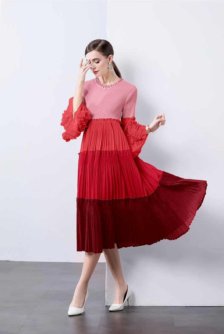 Red Ombre Pleated Midi Dress