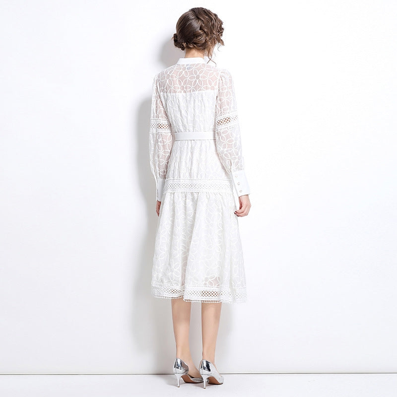 White Lace Belted Midi Dress