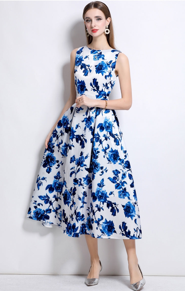 Sapphire Bloom Sleeveless Midi Dress