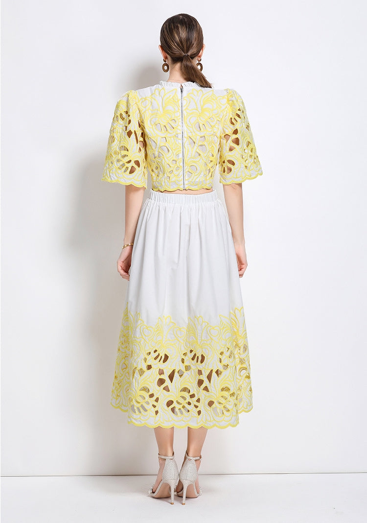Yellow Embroidered Cutout Two Piece Dress
