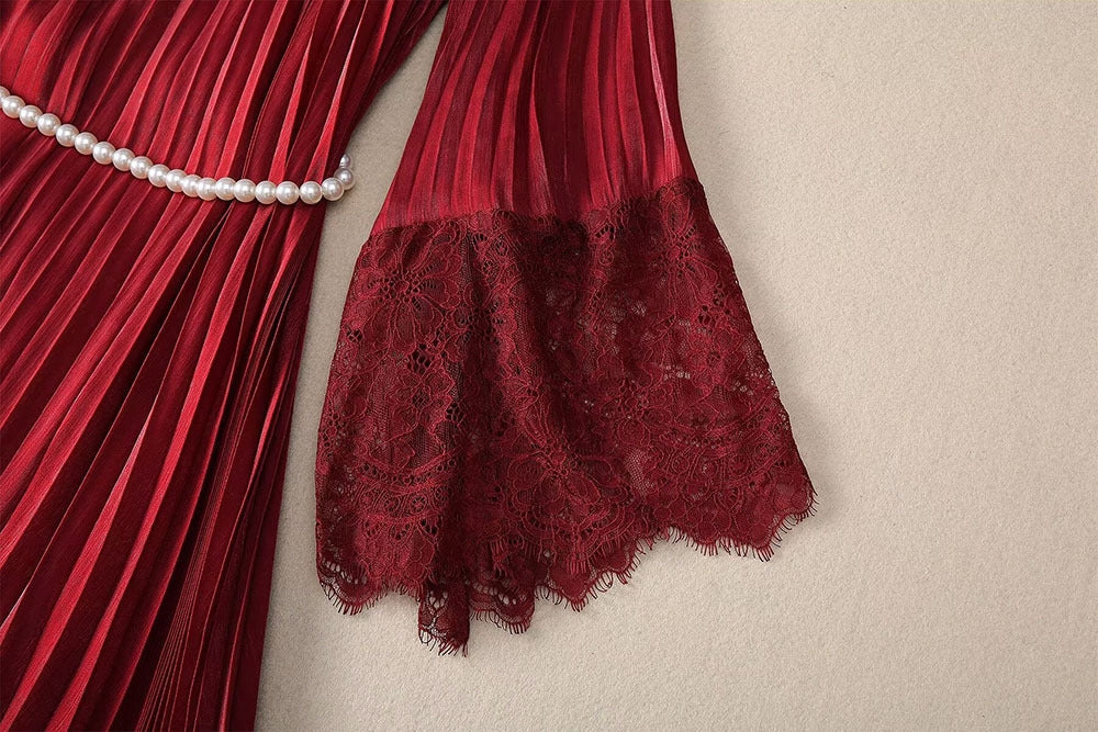 Elegant Wine Red Lace Maxi Dress