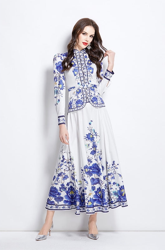 Elegant Blue & White Floral Print Blouse & Maxi Skirt Set