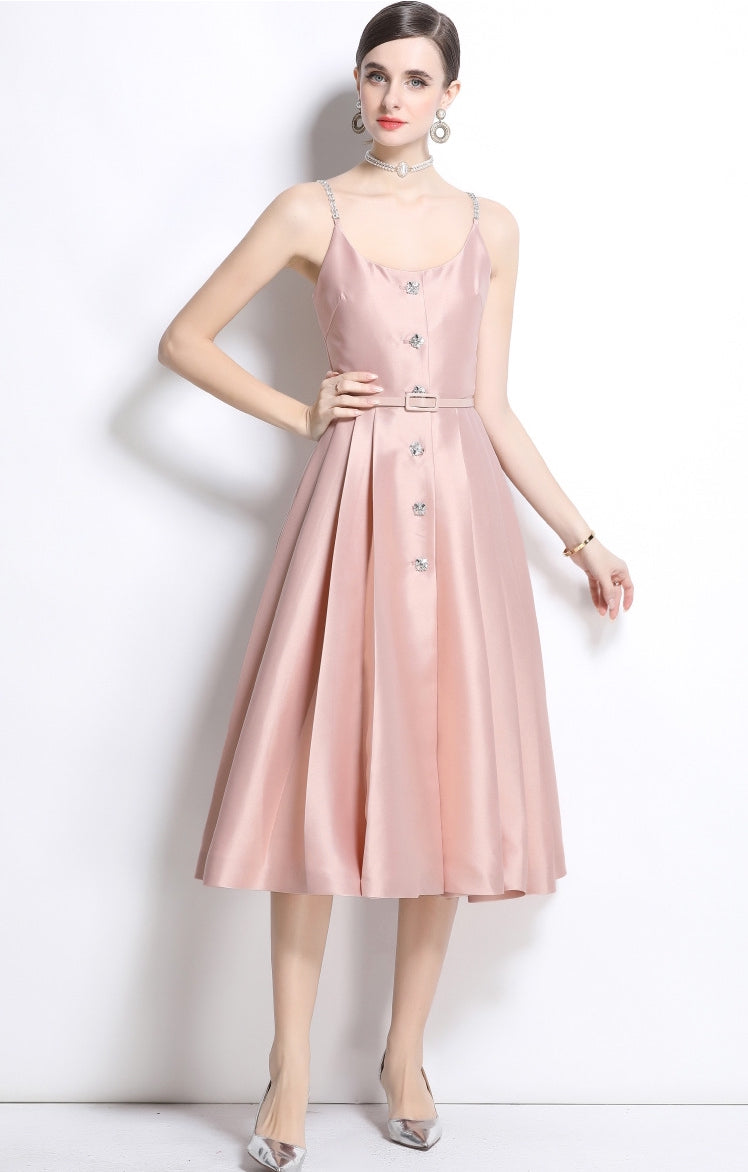 Blush Satin Crystal-Button Midi Dress