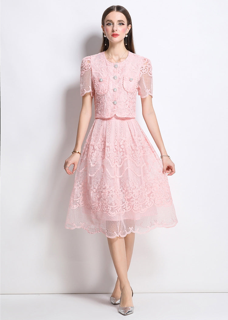 Elegant Lace Vintage Two Piece Midi Dress – Blush Pink