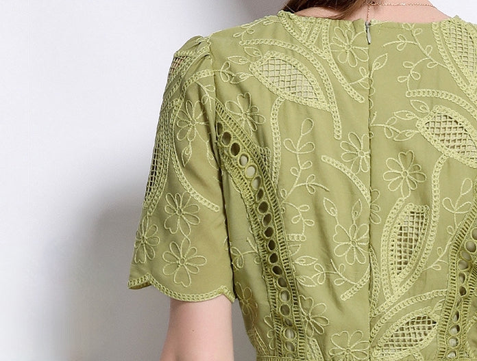 Olive Whisper Embroidered Midi Dress