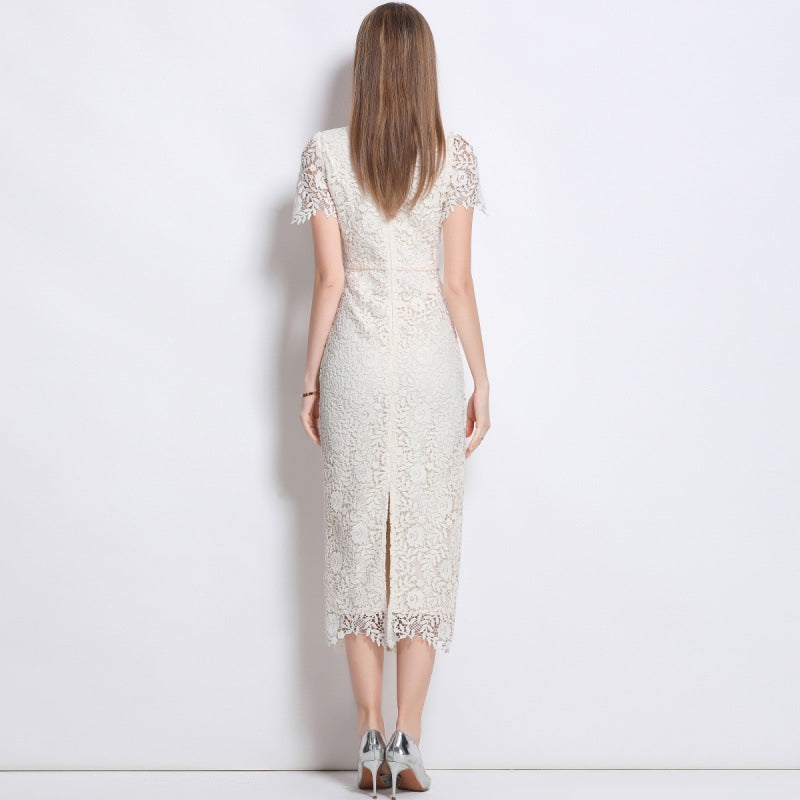 Elegant Lace Pearl-Button Midi Dress - 911152070726_APRICOT