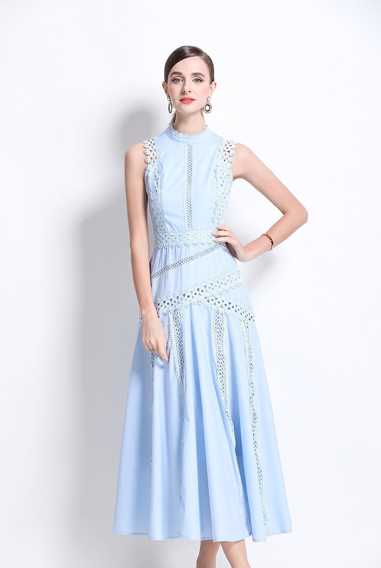 Light Blue Sleeveless Lace Midi Dress