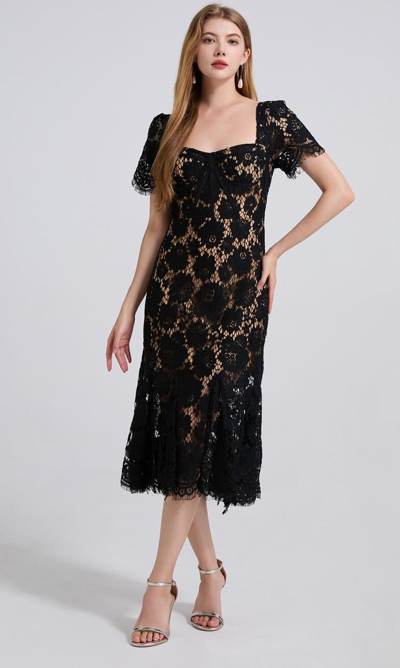 Midnight Elegance Black Lace Midi Dress - 912087138600_BLACK