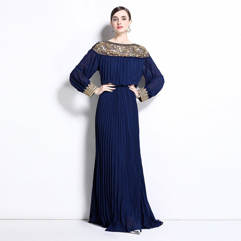 Midnight Majesty Embroidered Pleated Gown