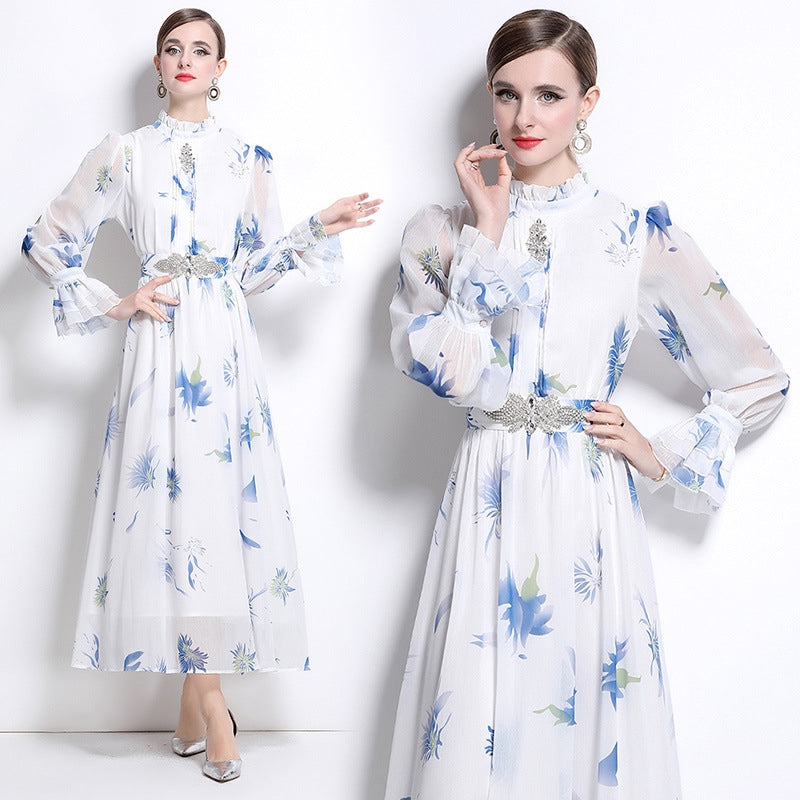 Blue Cherry Flowy Floral Tiered Chiffon Gown With Belt