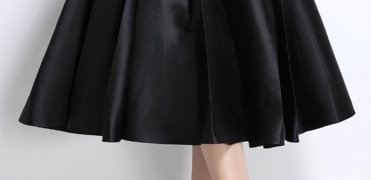 Black Satin Crystal-Button Midi Dress