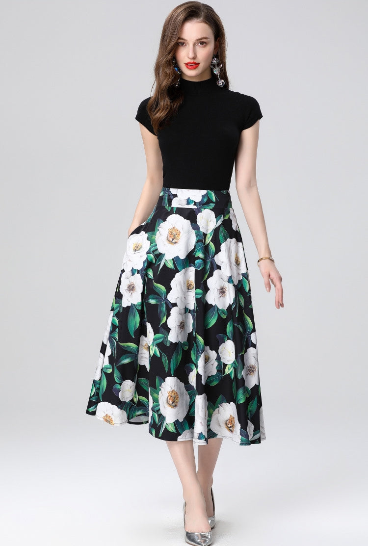 Elegant White Floral Midi Skirt Two Piece Set