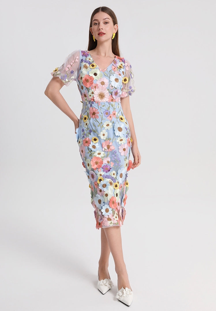 Blooming Garden Embroidered Midi Dress - 906548043201_BLUE