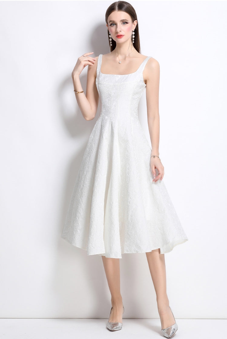 Elegant White Jacquard Midi Dress