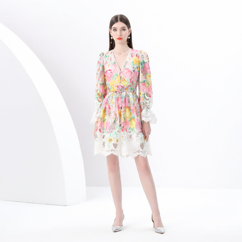 Lace Trim Floral V-Neck Dress