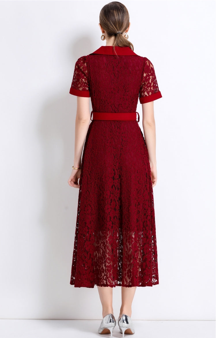 Burgundy Lace Military Midi Dress