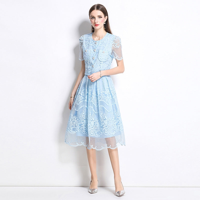 Elegant Lace Vintage Two Piece Midi Dress – Sky Blue