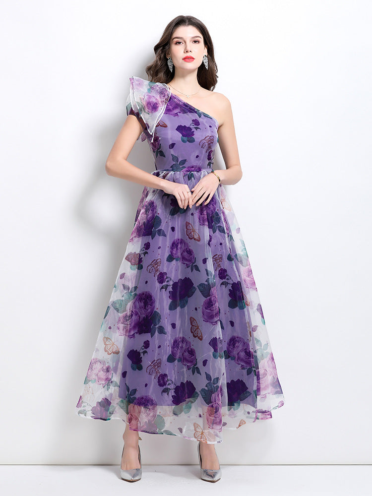 Purple Floral One-Shoulder Maxi Dress
