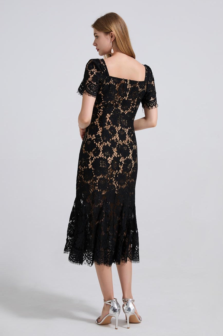 Midnight Elegance Black Lace Midi Dress - 912087138600_BLACK