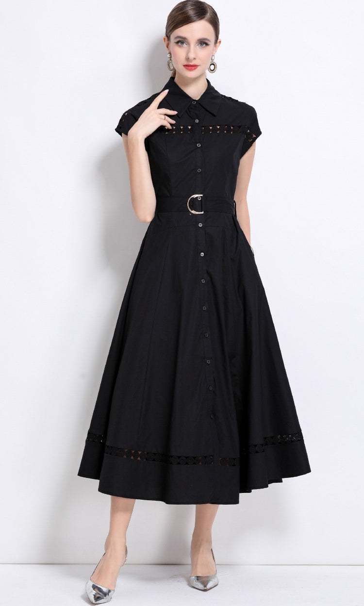 Midnight Grace Belted Shirt Dress
