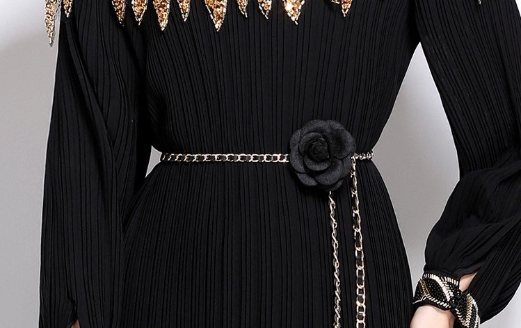 Elegant Black Maxi Dress with Gold Embellishments