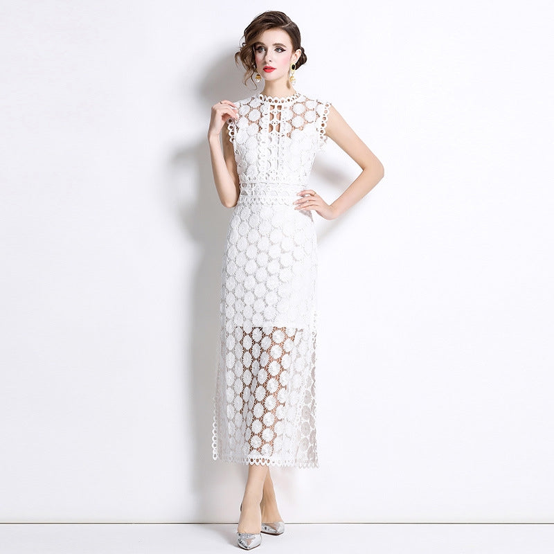 White Hollow-Out Lace Midi Dress