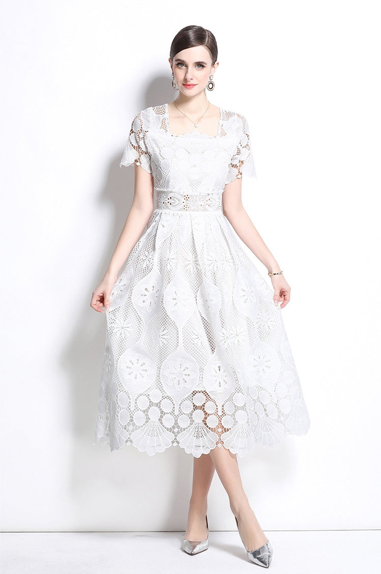 Elegant White Lace Midi Dress