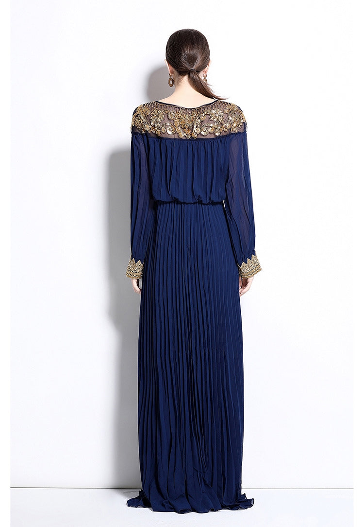 Midnight Majesty Embroidered Pleated Gown