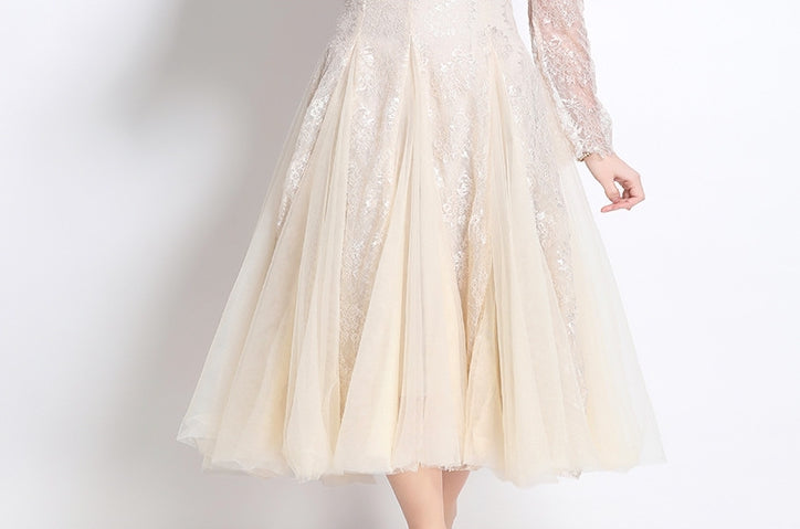 Ivory Lace Long-Sleeve Midi Dress