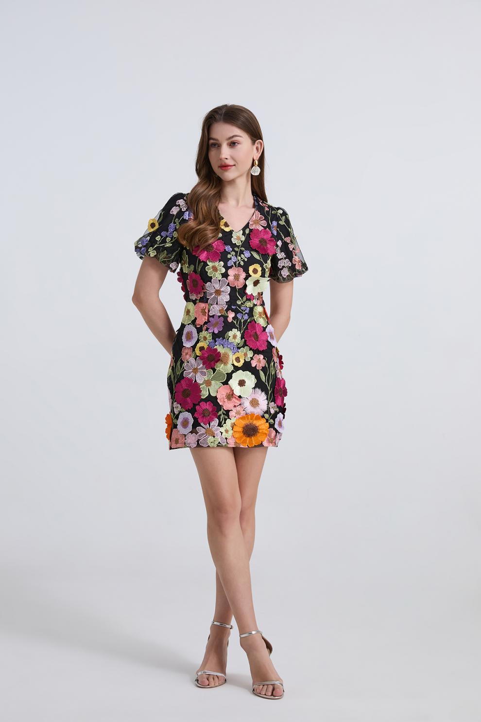 Embroidered Floral Mini Dress – Black