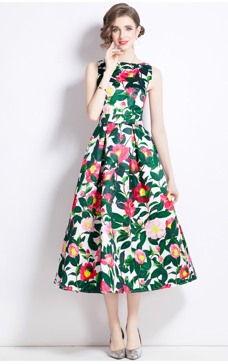 Sleeveless Boat Neck Fitted Vest Box Pleated Skirt Printed Satin Dress - 862#701