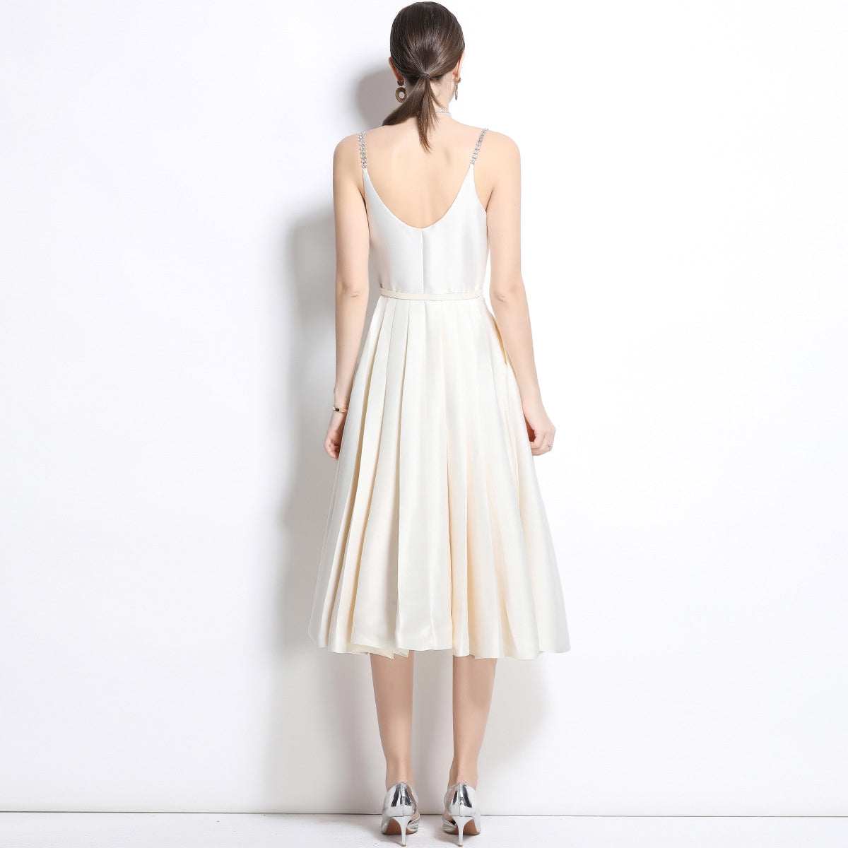 Ivory Satin Crystal-Button Midi Dress