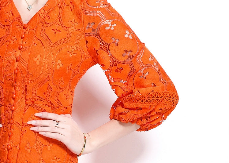 Bold Orange Embroidered Lace Dress