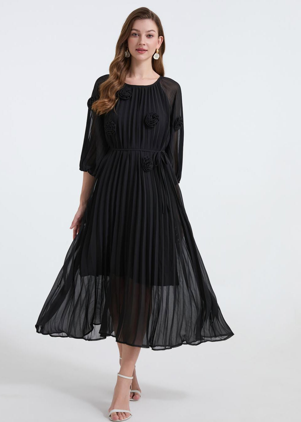 Midnight Bloom Pleated Chiffon Dress - 906472342218_BLACK