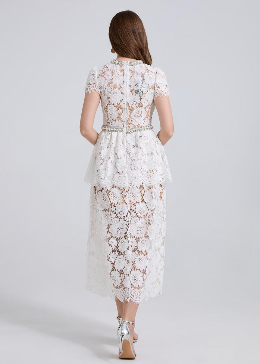 Elegance Pearl Trimmed Lace Midi Dress