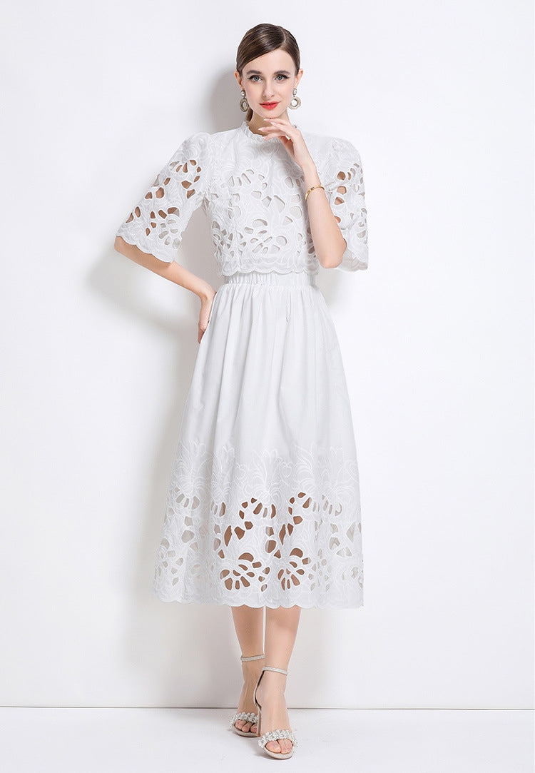 White Embroidered Cutout Two Piece Dress