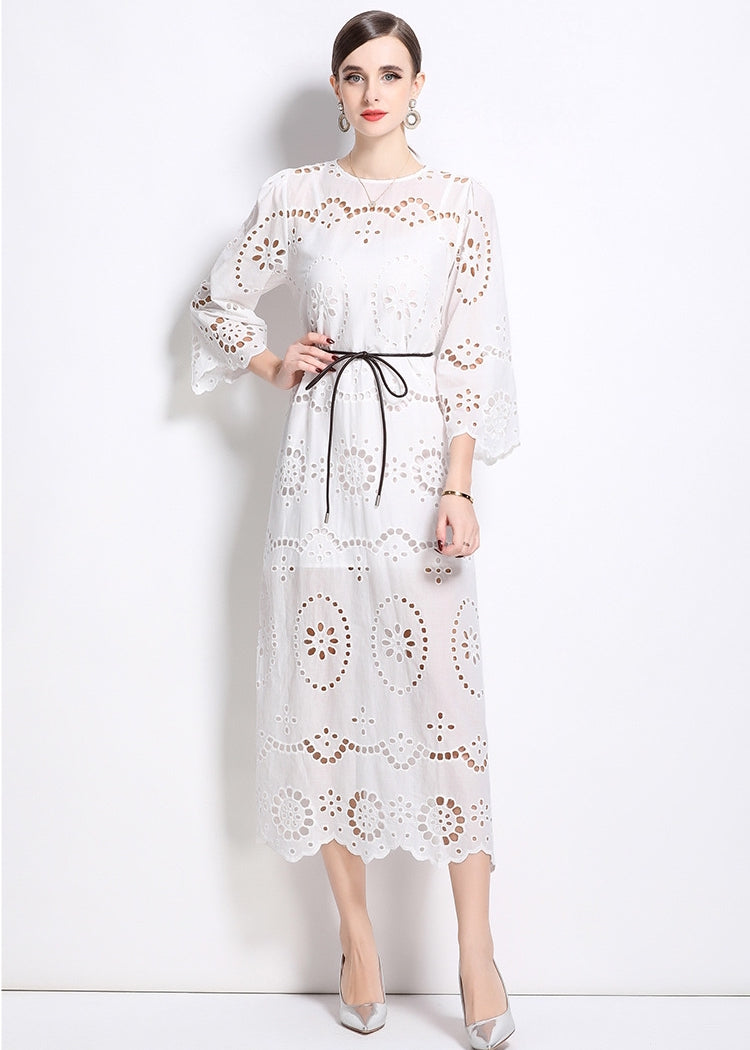 Ivory Petal Eyelet Midi Dress - 902368523846_WHITE