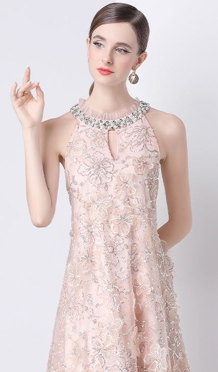Blush Elegance Embellished A-Line Cocktail Dress