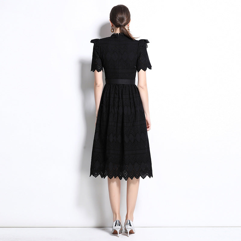 Elegant Black Lace Belted Midi Dress