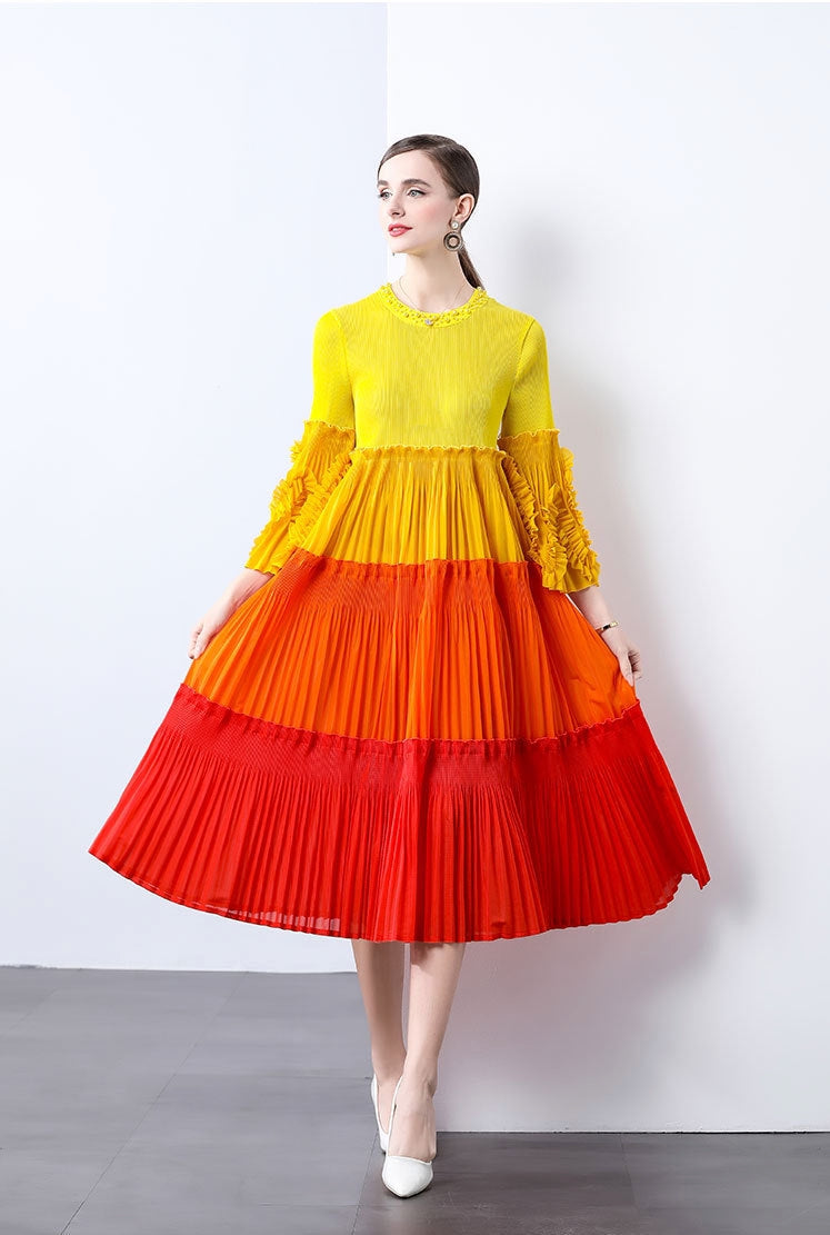 Sunset Ombre Pleated Midi Dress