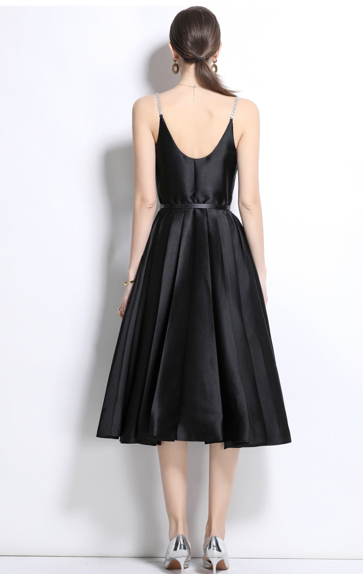 Black Satin Crystal-Button Midi Dress