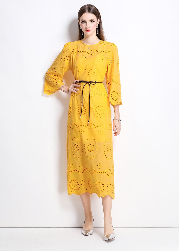 Sunburst Eyelet Belted Midi Dress - 902368523846_TURMERIC