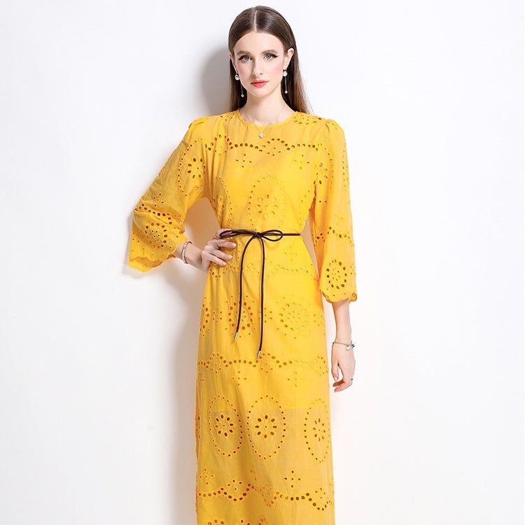 Sunburst Eyelet Belted Midi Dress - 902368523846_TURMERIC